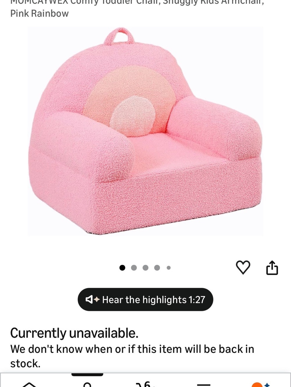 Amazon Pink Plush Toddler Armchair with Rainbow Accent